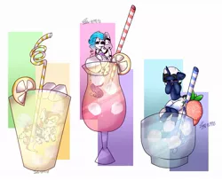 Size: 1065x864 | Tagged: safe, artist:sonpufum, derpibooru import, oc, oc:mystical kelly, oc:shabaco, pegasus, pony, unicorn, cup, food, group, ice, orange, simple background, straw, strawberry