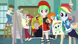 Size: 1920x1080 | Tagged: safe, derpibooru import, screencap, drama letter, golden hazel, rainbow dash, rose heart, watermelody, wiz kid, a queen of clubs, equestria girls, equestria girls series, background human, beret, care root, clothes, converse, cute, dashabetes, drawing, geode of super speed, hat, magical geodes, peace sign, photobomb, shoes
