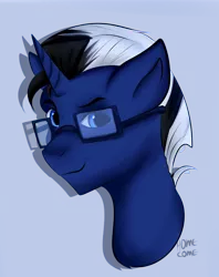Size: 2294x2894 | Tagged: safe, artist:homecome, derpibooru import, oc, oc:shabaco, unofficial characters only, pony, unicorn, bust, glasses, looking at you, male, simple background, solo
