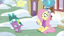 Size: 1280x720 | Tagged: safe, derpibooru import, screencap, fluttershy, spike, dragon, pegasus, pony, best gift ever, clothes, duo, earmuffs, eyes closed, female, hat, male, mare, scarf, snow, sweater, winter