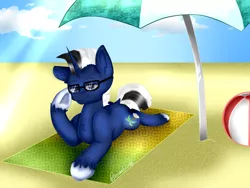 Size: 1600x1200 | Tagged: artist:rayannecuervo, ball, beach, derpibooru import, glasses, looking at you, oc, oc:shabaco, pose, safe, sand, sun, umbrella