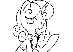 Size: 2631x1860 | Tagged: safe, artist:ladycookie, derpibooru import, oc, unnamed oc, unofficial characters only, pony, unicorn, black and white, clothes, curly mane, grayscale, hooves, horn, jacket, lineart, looking at you, monochrome, not sweetie belle, open mouth, raised hoof, simple background, smiling, white background