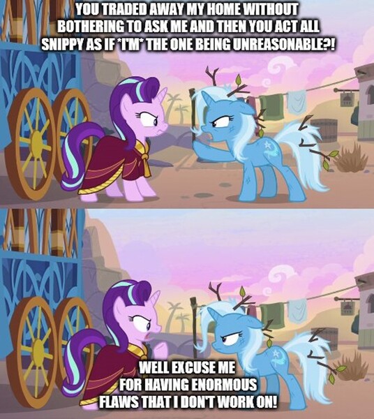 Size: 988x1106 | Tagged: angry, caption, comment war, derpibooru import, duo, edit, edited screencap, hoo'far's wagon, image macro, meme, reference, road to friendship, safe, screencap, starlight glimmer, text, the simpsons, trixie, trixie yells at everything, wagon