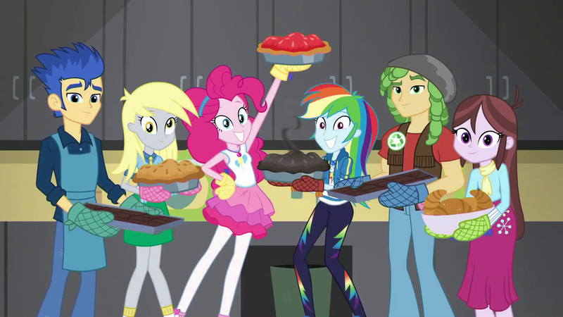 Size: 1920x1080 | Tagged: safe, derpibooru import, screencap, derpy hooves, flash sentry, pinkie pie, rainbow dash, sandalwood, velvet sky, a queen of clubs, equestria girls, equestria girls series, background human, baking, bread, brownies, clothes, croissant, food, geode of sugar bombs, geode of super speed, magical geodes, oven mitts, pantyhose, photo, photobomb, pie