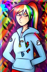 Size: 699x1068 | Tagged: abstract background, artist:katedoof, clothes, derpibooru import, ear piercing, eyebrow piercing, freckles, hoodie, human, humanized, piercing, ponytail, rainbow dash, safe, solo