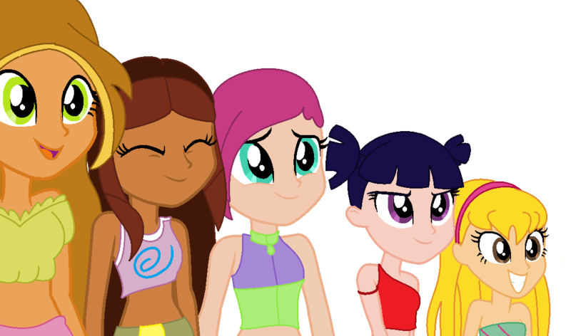 Size: 1142x674 | Tagged: safe, artist:aliciathefox231, artist:yaya54320, derpibooru import, human, equestria girls, aisha, barely eqg related, base used, clothes, crossover, equestria girls style, equestria girls-ified, flora (winx club), hasbro, hasbro studios, headband, layla, midriff, musa, rainbow s.r.l, stella (winx club), tecna, winx club