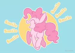 Size: 1000x710 | Tagged: safe, artist:typhwosion, derpibooru import, pinkie pie, earth pony, pony, abstract background, cute, diapinkes, excited, eyes closed, female, mare, open mouth, profile, smile smile smile, smiling, solo, text