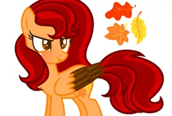Size: 888x596 | Tagged: safe, artist:mlpfan2017, derpibooru import, oc, oc:autum blaze, unofficial characters only, pegasus, pony, base used, blushing, colored wings, fall pony, fall themed, female, leaves, long mane, ms paint, multicolored hair, multicolored tail, multicolored wings, red mane, red tail, short tail, show accurate, simple background, solo, striped mane, striped tail, wings