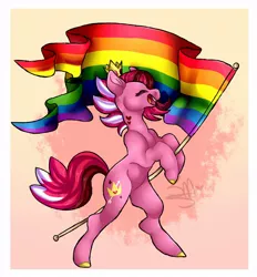 Size: 970x1046 | Tagged: artist:sonpufum, crown, derpibooru import, femboy, gay pride, gay pride flag, hoof shoes, jewelry, lgbt, male, oc, oc:princeso, pride, pride flag, regalia, safe, simple background, smiling