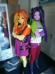 Size: 2976x3968 | Tagged: safe, artist:doitzel1, artist:mimickig, derpibooru import, aria blaze, sunset shimmer, human, equestria girls, boots, clothes, colourful, corset, cosplay, costume, duo, irl, irl human, jacket, kigurumi, meeting, pants, photo, purple, shoes, skirt, tough, yellow