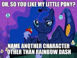 Size: 665x499 | Tagged: safe, derpibooru import, edit, edited screencap, editor:apex soundwave, screencap, princess luna, alicorn, pony, luna eclipsed, apple, caption, eating, exploitable meme, female, food, image macro, impact font, implied rainbow dash, joke shop, mare, meme, nom, old meme, solo, text, willy wonka