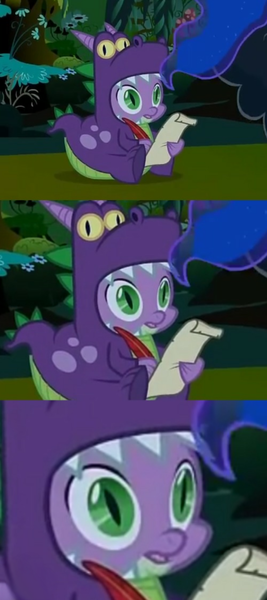 Size: 854x1920 | Tagged: safe, derpibooru import, edit, edited screencap, screencap, spike, dragon, luna eclipsed, clothes, costume, faic, male, reaction image, scroll, sitting, solo focus, thousand yard stare, wat, zoom