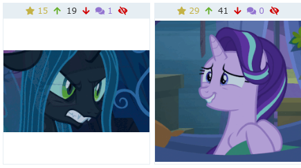 Size: 435x244 | Tagged: changeling, changeling queen, cropped, death stare, derpibooru, derpibooru import, female, juxtaposition, juxtaposition win, meme, meta, queen chrysalis, road to friendship, safe, screencap, starlight glimmer, the mean 6