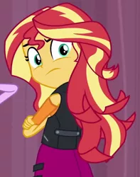 Size: 568x720 | Tagged: safe, derpibooru import, screencap, sunset shimmer, equestria girls, equestria girls series, stressed in show, angry, cropped, female, looking at you, looking back, solo, sunset shimmer is not amused, unamused