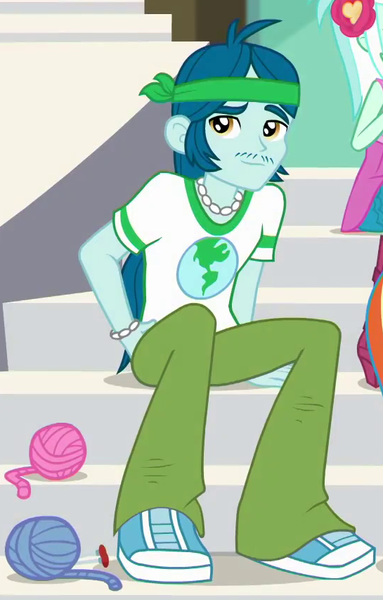 Size: 545x853 | Tagged: safe, derpibooru import, screencap, captain planet, a queen of clubs, equestria girls, equestria girls series, background human, clothes, cropped, hand in pocket, hands in pockets, looking at you, male, pants, shoes, sitting, smiling, sneakers, solo, yarn, yarn ball