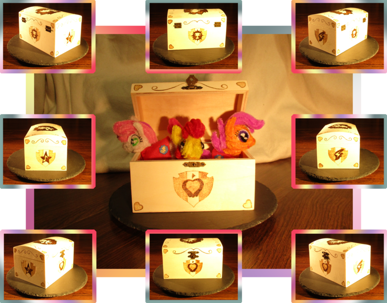 Size: 4673x3659 | Tagged: apple bloom, artist:malte279, chest, collage, craft, cutie mark, cutie mark crusaders, cutie mark crusaders patch, derpibooru import, gabby, pyrography, safe, scootaloo, sweetie belle, the cmc's cutie marks, traditional art