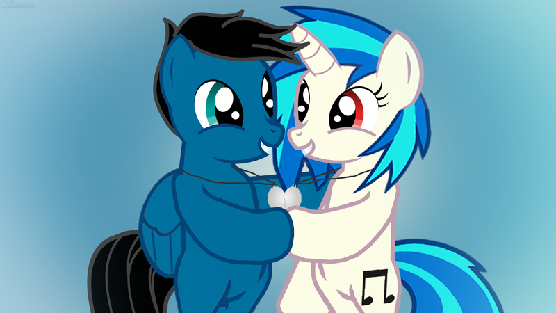 Size: 3840x2160 | Tagged: safe, artist:agkandphotomaker2000, derpibooru import, vinyl scratch, oc, oc:pony video maker, pony, canon x oc, cute, female, jewelry, love necklace, male, necklace, shipping, straight, videoscratch