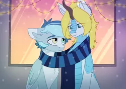 Size: 4092x2893 | Tagged: safe, artist:shiro-roo, derpibooru import, oc, unofficial characters only, kirin, pegasus, pony, clothes, commission, duo, heterochromia, kirin oc, lights, looking at each other, scarf, shared clothing, shared scarf, snow, snowfall, ych result