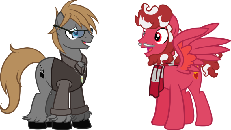 Size: 2000x1125 | Tagged: safe, artist:theeditormlp, derpibooru import, oc, oc:soul fire, oc:the editor, unofficial characters only, earth pony, pegasus, pony, beard, clothes, facial hair, glasses, male, moustache, scarf, simple background, stallion, transparent background, vector