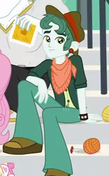 Size: 530x851 | Tagged: safe, derpibooru import, screencap, scott green, a queen of clubs, equestria girls, equestria girls series, background human, clothes, cropped, hat, looking at you, male, pants, shoes, smiling, yarn, yarn ball