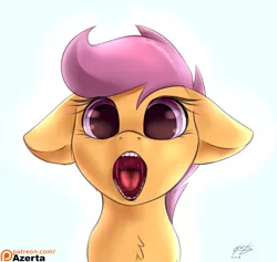 Size: 3477x3300 | Tagged: suggestive, artist:azerta56, derpibooru import, scootaloo, pony, drool, drool string, female, filly, floppy ears, human teeth, looking at you, mawshot, mucous, mucus, open mouth, patreon, patreon logo, saliva puddle, salivating, simple background, slime, slimy, solo, solo female, uncanny valley, uvula