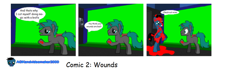 Size: 1280x396 | Tagged: semi-grimdark, artist:agkandphotomaker2000, derpibooru import, oc, oc:pony video maker, oc:wrath, pony, 2014, accident, blood, comic, old, random