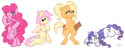 Size: 1785x698 | Tagged: safe, artist:kipaki, derpibooru import, applejack, fluttershy, pinkie pie, rarity, pony, semi-anthro, alternate hairstyle, female, mare