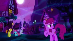 Size: 1440x809 | Tagged: safe, derpibooru import, screencap, berry punch, berryshine, carrot cake, cup cake, mr. waddle, thunderlane, earth pony, pegasus, pony, do princesses dream of magic sheep, background pony, dream, female, male, mare, moon, night, ponyville, shared dream, stallion, worried