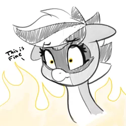 Size: 933x933 | Tagged: safe, artist:pabbley, derpibooru import, oc, oc:bandy cyoot, unofficial characters only, hybrid, pony, raccoon, raccoon pony, female, fire, floppy ears, shocked, shrunken pupils, solo, text, this is fine