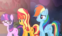 Size: 1024x593 | Tagged: safe, artist:sparkling-sunset-s08, derpibooru import, rainbow dash, sci-twi, sunset shimmer, twilight sparkle, pegasus, pony, unicorn, equestria girls, equestria girls series, spring breakdown, spoiler:eqg series (season 2), equestria girls ponified, female, glasses, glowing horn, horn, mare, unicorn sci-twi, wings