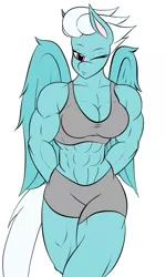 Size: 821x1365 | Tagged: 1000 years in photoshop, abs, anthro, artist:calm wind, artist:matchstickman, breasts, busty fleetfoot, cleavage, clothes, derpibooru import, edit, fleetflex, fleetfoot, kissy face, midriff, muscles, one eye closed, shorts, sports bra, sports shorts, suggestive, wonderbolts