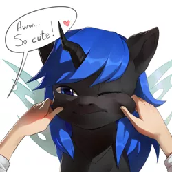 Size: 1700x1700 | Tagged: artist:sobaka_blyadskaya, changeling, changeling oc, cheek squish, commission, derpibooru import, hand, heart, human, oc, oc:blue visions, offscreen character, one eye closed, pov, safe, speech, speech bubble, squishy cheeks, talking, unofficial characters only, wink, ych result