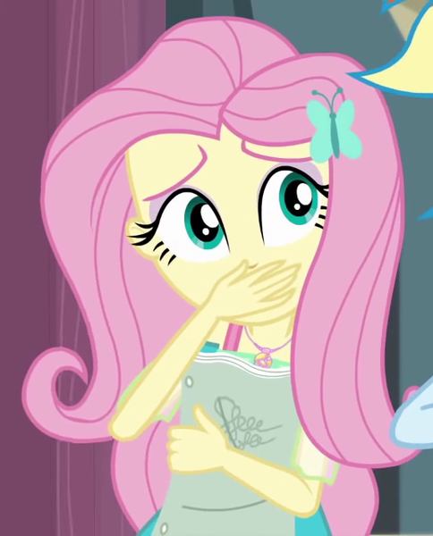 Size: 517x641 | Tagged: safe, derpibooru import, screencap, fluttershy, rainbow dash, butterfly, equestria girls, equestria girls series, stressed in show, covering mouth, cropped, cute, geode of fauna, hand on mouth, magical geodes, script, shyabetes