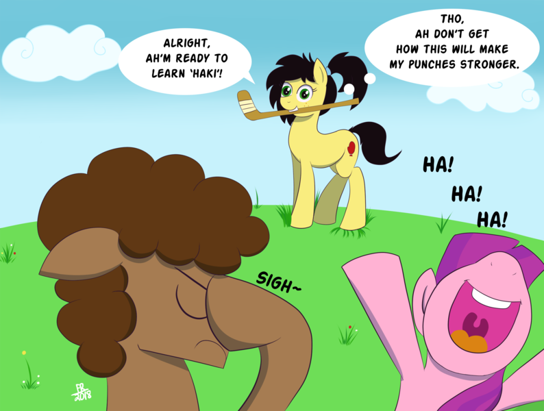 Size: 2250x1700 | Tagged: safe, artist:feralroku, derpibooru import, lily longsocks, oc, oc:strong runner, oc:uppercute, earth pony, pony, accent, background pony, comic, dialogue, eyes closed, facehoof, female, filly, haki, hockey stick, laughing, male, mare, mouth hold, one piece, open mouth, pun, stallion