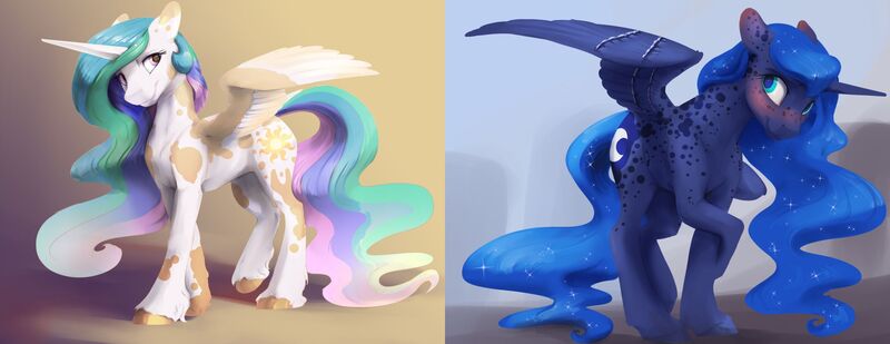 Size: 2640x1020 | Tagged: safe, artist:silfoe, derpibooru import, princess celestia, princess luna, alicorn, pony, alternate design, blushing, colored hooves, cute, cutelestia, dappled, ethereal mane, female, lunabetes, mare, piebald coloring, royal sisters, siblings, simple background, sisters, spread wings, starry mane, wings