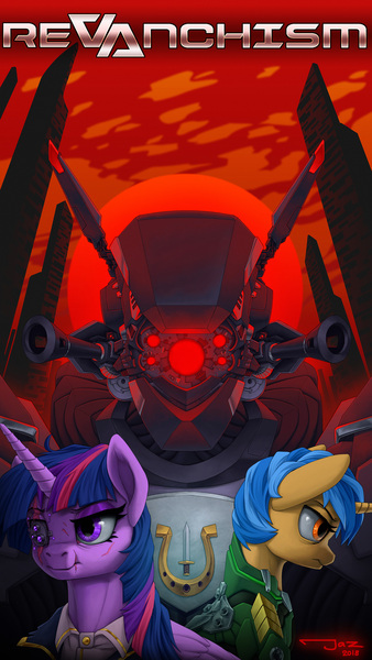 Size: 1700x3022 | Tagged: semi-grimdark, artist:1jaz, derpibooru import, twilight sparkle, twilight sparkle (alicorn), oc, oc:desert storm, alicorn, cyborg, pony, unicorn, fanfic, fanfic:revanchism, angry, armor, badass, creepy, cyber eyes, fanfic art, fanfic cover, female, future, futuristic, gun, mecha, military, post-apocalyptic, scar, science fiction, skyscraper, sunset, weapon