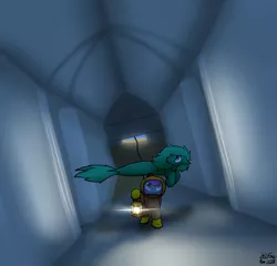 Size: 2104x2018 | Tagged: safe, artist:the-furry-railfan, derpibooru import, oc, oc:crash dive, oc:depth charge, unofficial characters only, merpony, pegasus, pony, diving suit, exploring, hallway, hose, indoors, lantern, library, ruins, story included, underwater