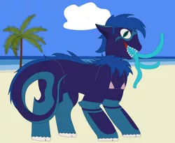 Size: 2750x2250 | Tagged: safe, artist:minus, derpibooru import, oc, oc:viper, unofficial characters only, monster pony, original species, pony, tatzlpony, beach, bikini, clothes, cloud, colored, crossdressing, male, ocean, palm tree, sand, secret santa, sharp teeth, sky, solo, summer, swimsuit, teeth, tongue out, tree