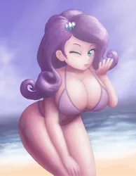 Size: 896x1152 | Tagged: suggestive, artist:safartwoks, derpibooru import, rarity, equestria girls, absolute cleavage, beach, beach babe, beautiful, beautisexy, big breasts, bikini, bikini babe, blowing a kiss, breasts, busty rarity, cleavage, clothes, curvy, cutie mark, cutie mark on equestria girl, female, looking at you, one eye closed, sexy, solo, solo female, stupid sexy rarity, swimsuit, wide hips, wink