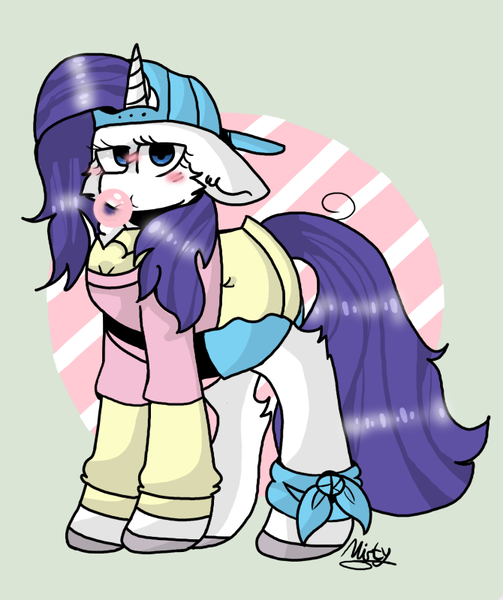 Size: 670x800 | Tagged: alternate hairstyle, artist:xmistywolfx, backwards ballcap, baseball cap, bubblegum, cap, derpibooru import, disguise, food, friendship university, gum, hat, plainity, rarity, safe, signature, solo