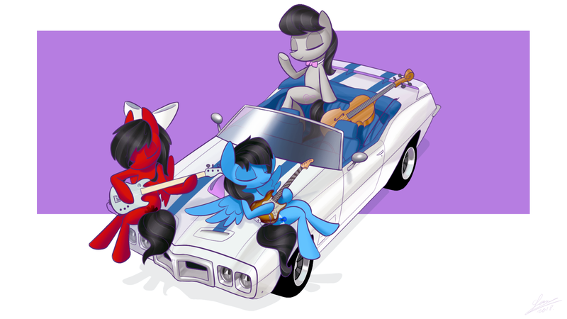 Size: 1920x1080 | Tagged: safe, artist:dori-to, derpibooru import, octavia melody, oc, earth pony, pegasus, pony, car, cello, commission, convertible, eyes closed, guitar, musical instrument, pontiac firebird, pontiac trans am, simple background