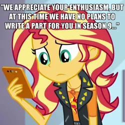 Size: 1000x1000 | Tagged: safe, derpibooru import, edit, screencap, sunset shimmer, a fine line, equestria girls, equestria girls series, caption, cropped, drama, geode of empathy, image macro, magical geodes, solo, text