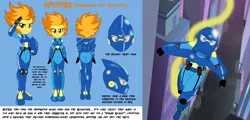 Size: 2666x1280 | Tagged: safe, artist:succubi samus, derpibooru import, spitfire, equestria girls, alternate universe, armor, bodysuit, clothes, equestria girls-ified, equestrian city, flight suit, flying, grenades, helmet, jetpack, reference sheet, smiling, smirk, superhero, the rocketeer