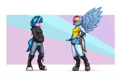 Size: 4000x2600 | Tagged: suggestive, artist:krd, derpibooru import, rainbow dash, vinyl scratch, anthro, pegasus, unicorn, bedroom eyes, boots, breasts, clothes, converse, crotch bulge, ear piercing, futa, futa rainbow dash, futa vinyl scratch, hoodie, intersex, jeans, latex, latex suit, pants, piercing, scarf, shoes, shorts, tanktop, tattoo