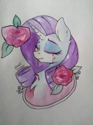 Size: 1280x1707 | Tagged: safe, artist:shadowreindeer, derpibooru import, rarity, pony, unicorn, blood, bust, crying, eyes closed, female, flower, mare, portrait, rose, signature, solo, traditional art, watercolor painting