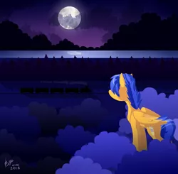 Size: 1935x1900 | Tagged: safe, artist:14usermay88, derpibooru import, oc, oc:crushingvictory, unofficial characters only, pegasus, pony, cloud, commission, folded wings, lake, male, moon, solo, stallion, stylised, train, tree, watermark, wings, ych result