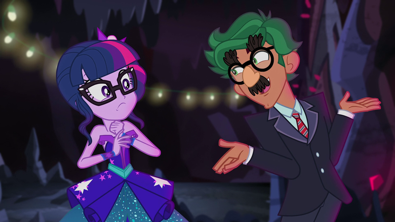 Size: 1280x720 | Tagged: safe, derpibooru import, screencap, sci-twi, timber spruce, twilight sparkle, equestria girls, legend of everfree, legend of everfree - bloopers, bare shoulders, blooper, female, groucho marx, groucho marx psyche out, groucho mask, male, shipping, sleeveless, straight, strapless, timbertwi