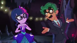 Size: 1280x720 | Tagged: safe, derpibooru import, screencap, sci-twi, timber spruce, twilight sparkle, equestria girls, legend of everfree, legend of everfree - bloopers, bare shoulders, blooper, female, groucho marx, groucho marx psyche out, groucho mask, male, shipping, sleeveless, straight, strapless, timbertwi