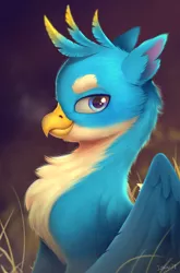 Size: 1324x2006 | Tagged: safe, artist:imalou, derpibooru import, gallus, gryphon, blurred background, bust, chest fluff, detailed, fluffy, handsome, looking at you, majestic, male, portrait, profile, sitting, smiling, smirk, solo