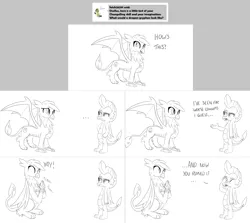 Size: 2564x2290 | Tagged: safe, artist:sintakhra, derpibooru import, ocellus, smolder, dragon, dragriff, gryphon, hybrid, tumblr:studentsix, ..., clapping, disguise, disguised changeling, dragoness, duo, female, grayscale, monochrome, post-it, simple background, white background